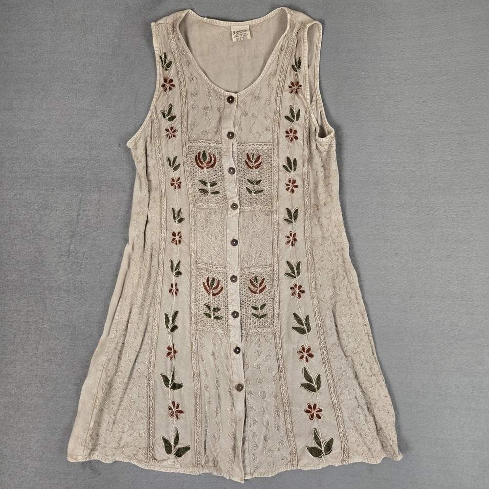 Magic Boho Dress Womens Free Size OS Embroidered Button Front Beige Floral Rayon